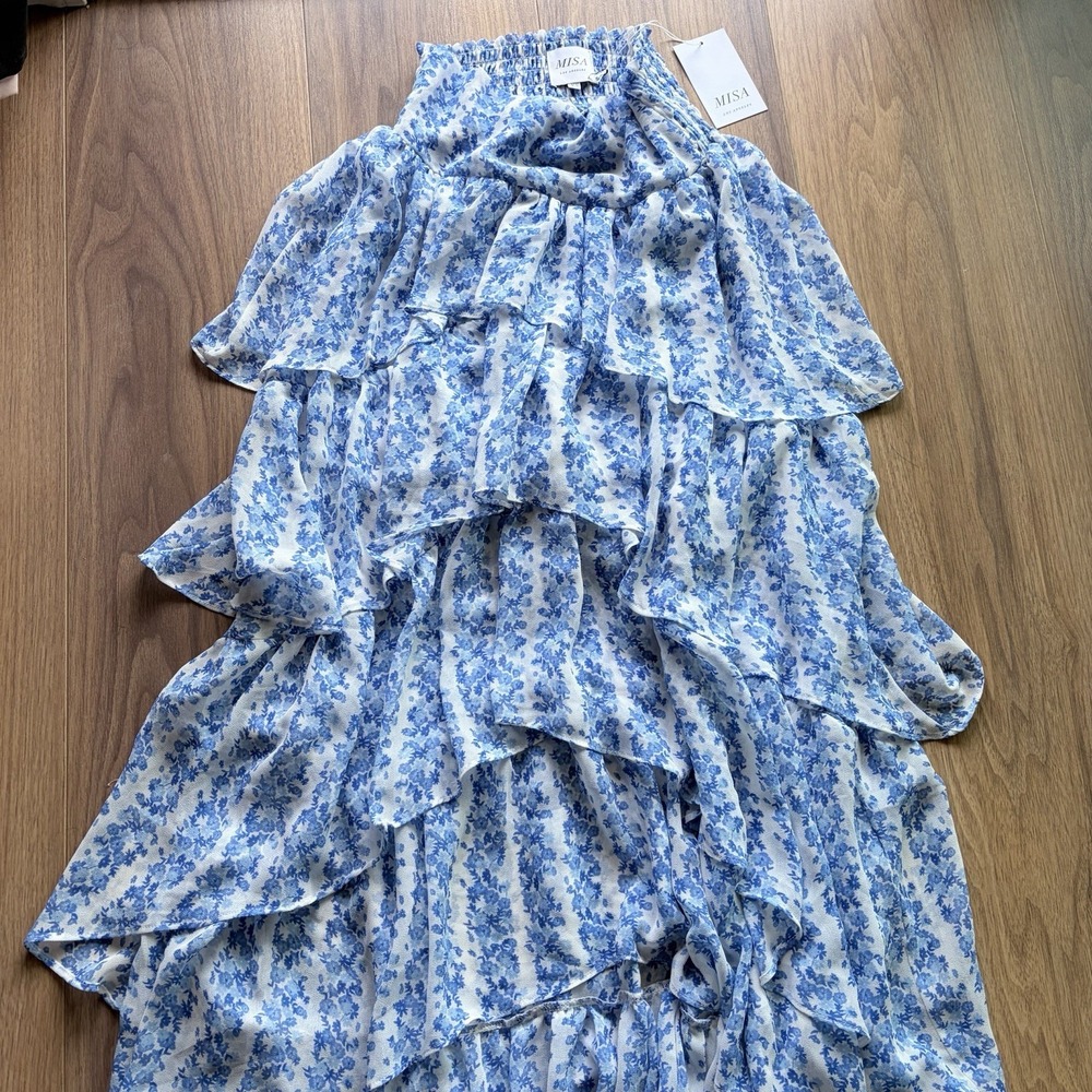 NWT MISA Los Angeles Ruffle long Skirt Floral Blue Women's Size XS